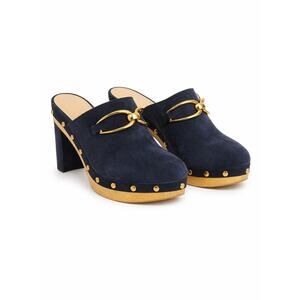 Veronica Beard Navy Suede Gold Horse Bit Heeled Platform Clogs Size 8